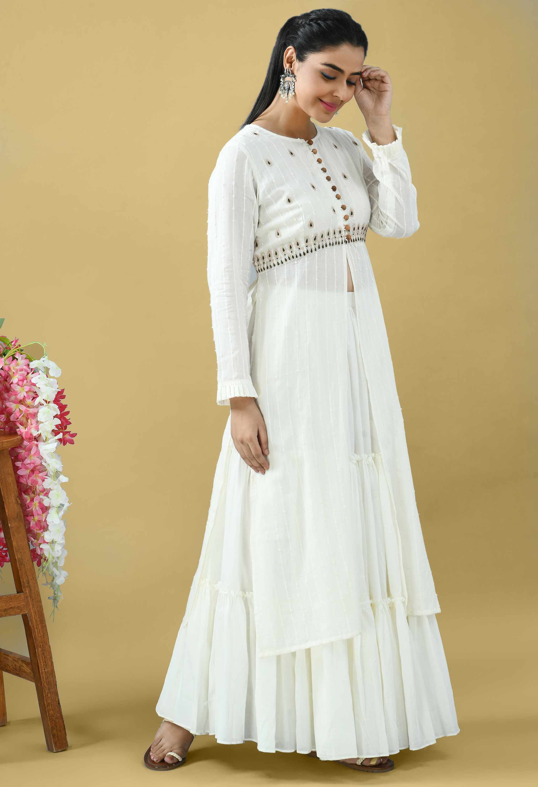 Pure cotton embroidered kurta with skirt set of 3